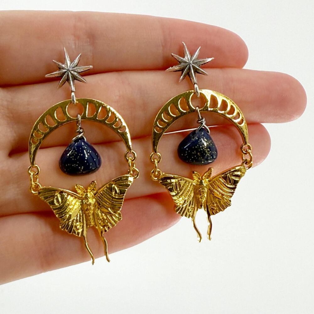 Luna Moth Earrings, Gold Moth Earrings, Stone Earrings, Moon Phase Earrings